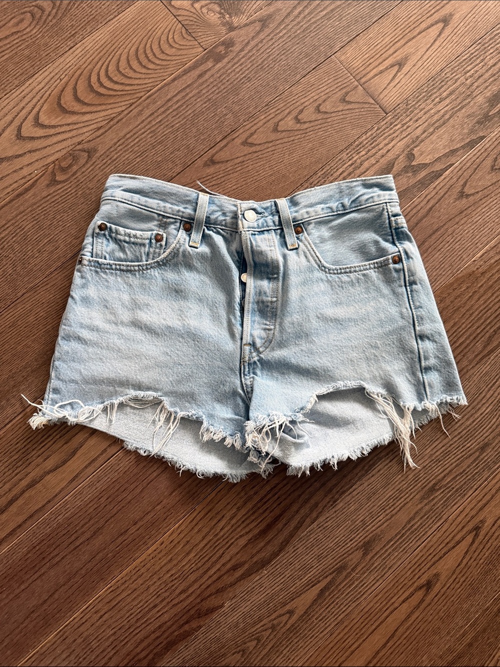 Levi's Light Blue Frayed Hem Denim Shorts